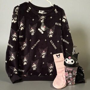 Sanrio Black Kuromi 3 Piece Bundle Fleece Top Water Bottle & Pink Slouch Socks
